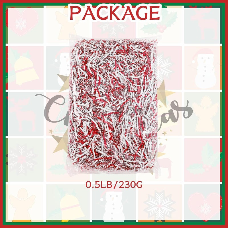 Gloreyan 1/2LB Crinkle Cut Paper Shred, Metallic Red White Raffia Paper Sherd Filler Grass for Christmas Valentine's Day Easter Gift Wrapping Basket Filling Birthdays Weddings Party Supply - Image 2